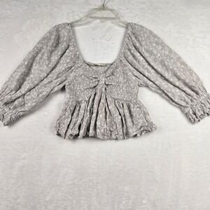Altar'd State Beige Ivory Floral Crop Top XS‎ Bohemian Puffy Sleeve